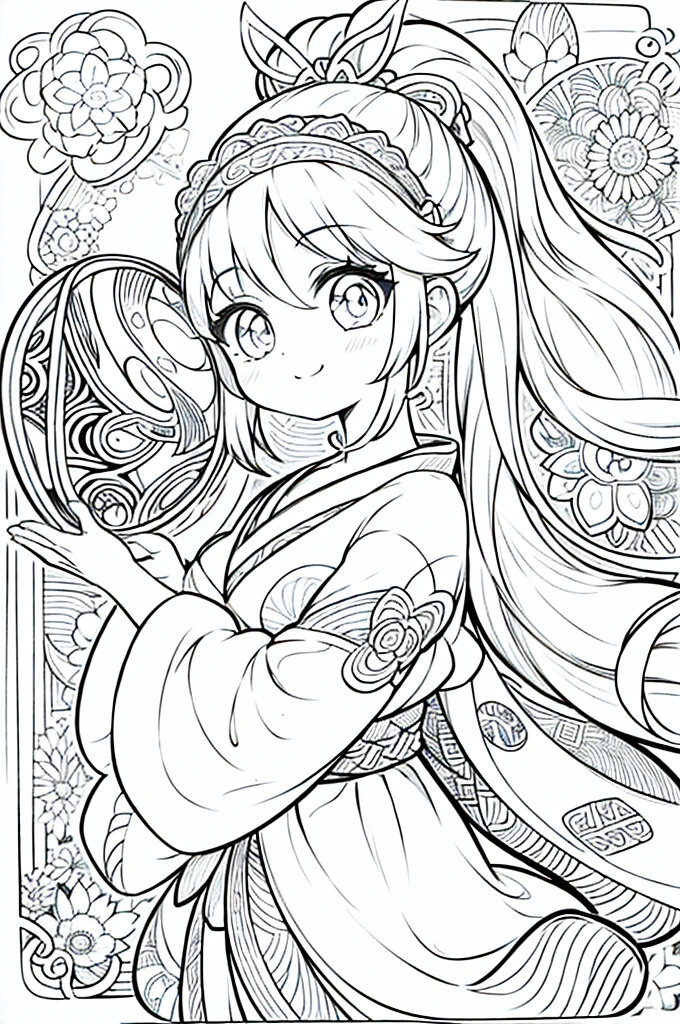 One girl, Create a baby chibi version of the Alice character in an 8K resolution, coloring pages, simplified zentangle, coloring book outline, black and white only, no outline, intricate designs, coloring book, celtic design, intricate lines, no gradients, Chibi, best quality, paper doll, shadow puppet, stained glass background, clockpunk, Andersen,A girl with a ponytail is wearing a kimono with a crane pattern, practicing kendo in a dojo, and wearing a headband as a hair accessory, It's sunny, Detailed eyes, clear outlines, kawaii pose, A smile, Raise your right hand, Eye Up, Laugh, radiant light, Taken from the side. She should look adorable and cute. Give him a smiling expression and a sweet smile on his face, capturing the essence of the character in a delicate and charming way.
