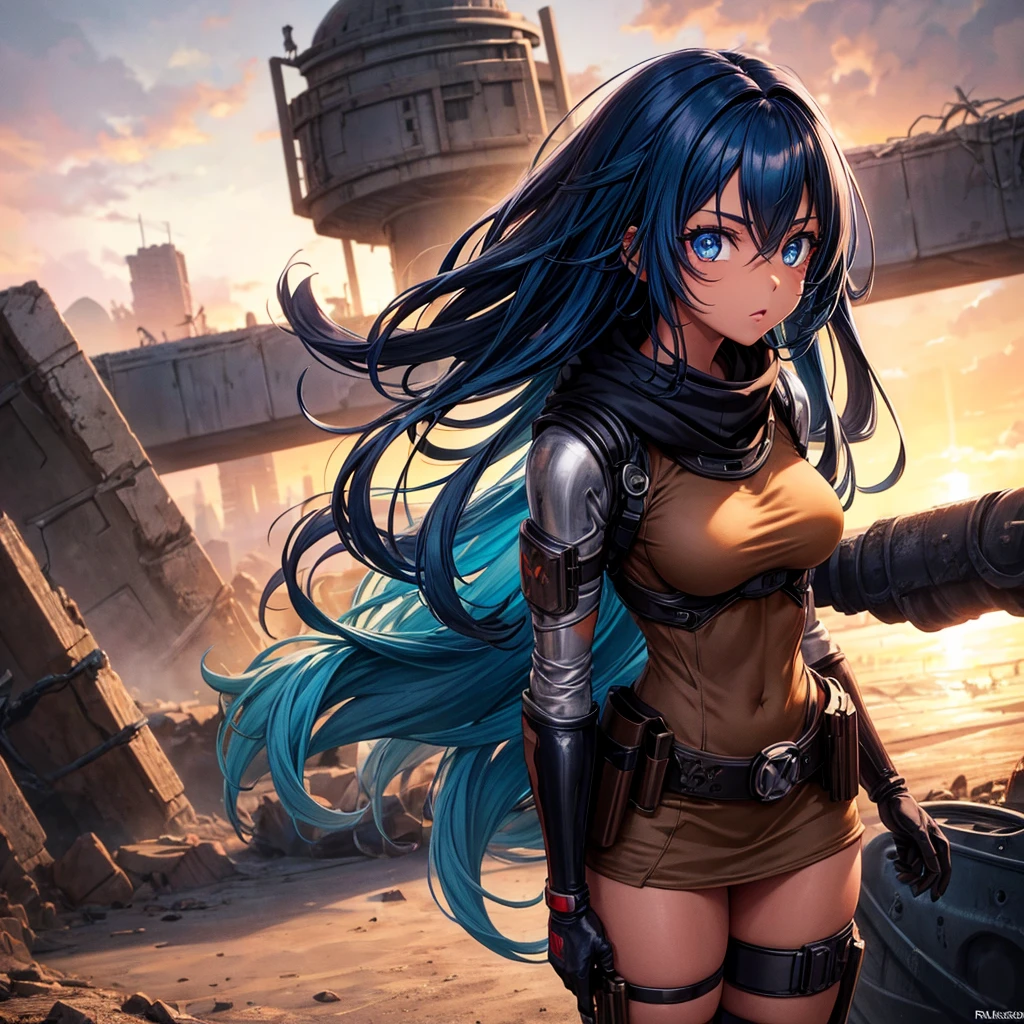 anime girl ( meleton preto, russet hair, blue colored eyes, cenario ( post apocalyptic )