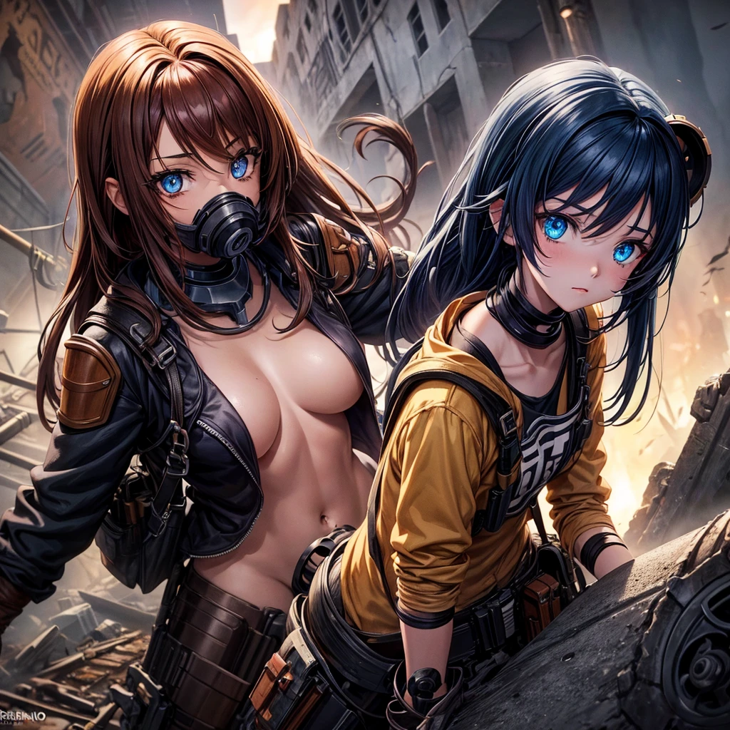 anime girl ( meleton preto, russet hair, blue colored eyes, cenario ( post apocalyptic )