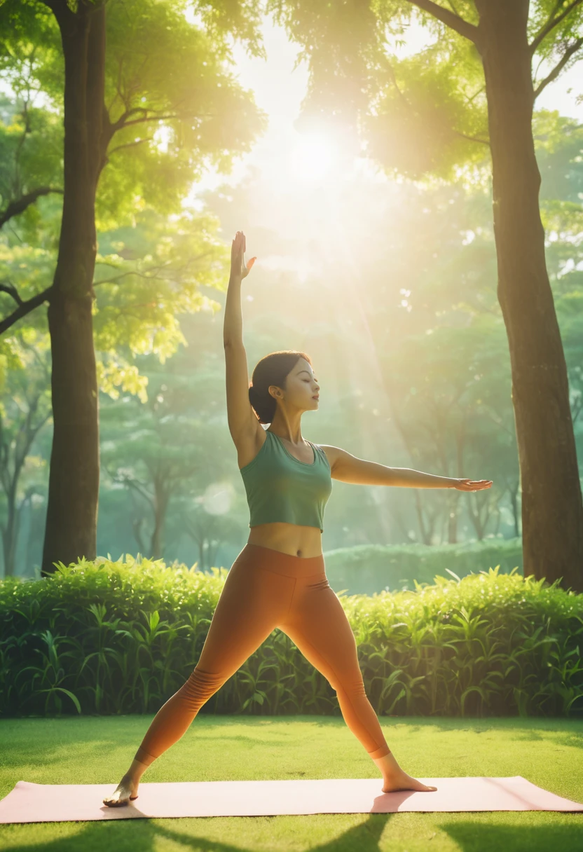 A woman in the foreground performing the Virabhadrasana yoga pose, with a meditating man in the background, set in a lush green park with morning sunlight. Warm colors, anime style