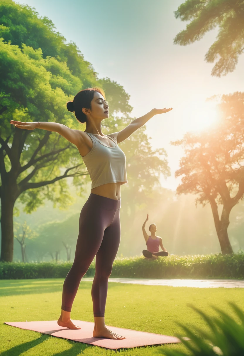 A woman in the foreground performing the Virabhadrasana yoga pose, with a meditating man in the background, set in a lush green park with morning sunlight. Warm colors, anime style 