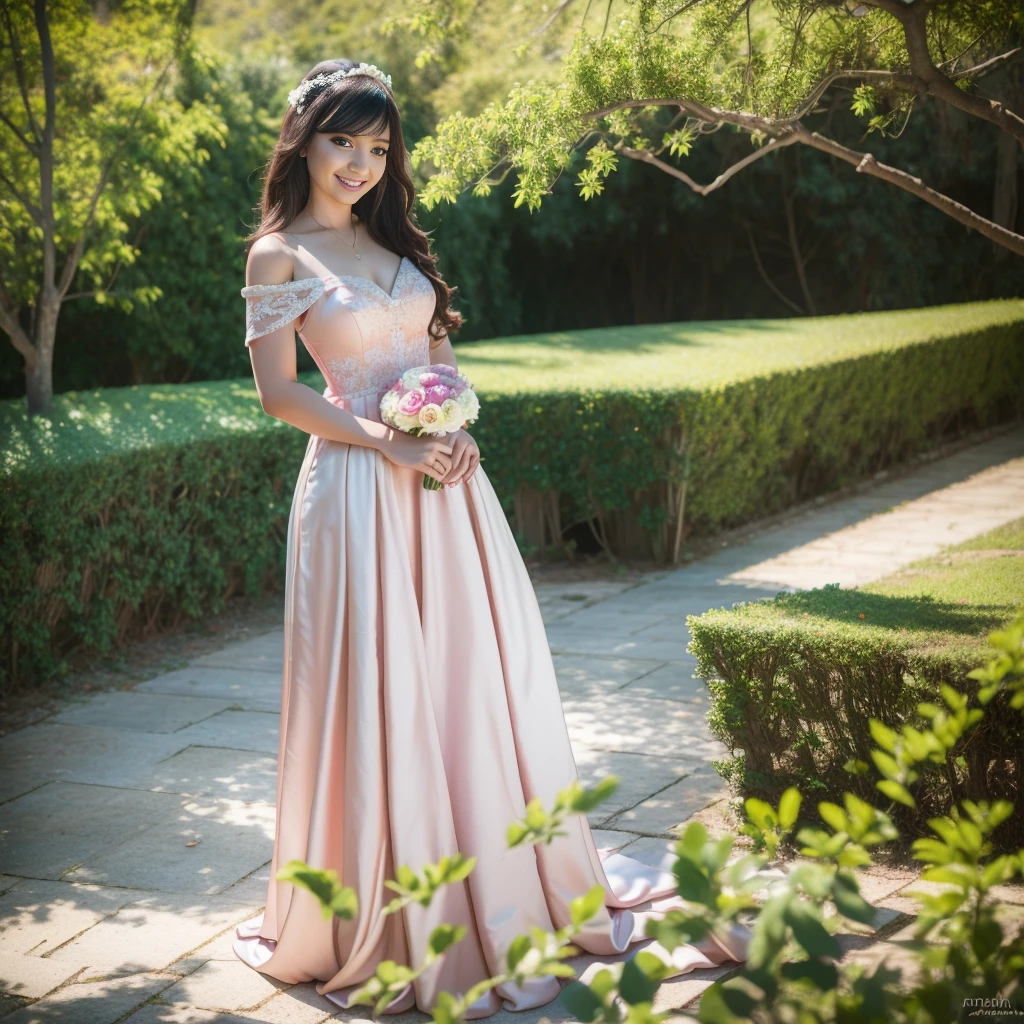 a beautiful woman wearing a pink mini dress, cleavage, off the shoulder, long hair and bangs, taking photos with the bride and groom in an open garden, smiling, (best quality,4k,8k,highres,masterpiece:1.2),ultra-detailed,(realistic,photorealistic,photo-realistic:1.37),ultra-fine painting,extreme detail description,professional,vivid colors,wedding,portraits,sunny day,outdoor,natural lighting,lush greenery,colorful flowers,shallow depth of field,dreamy aesthetic