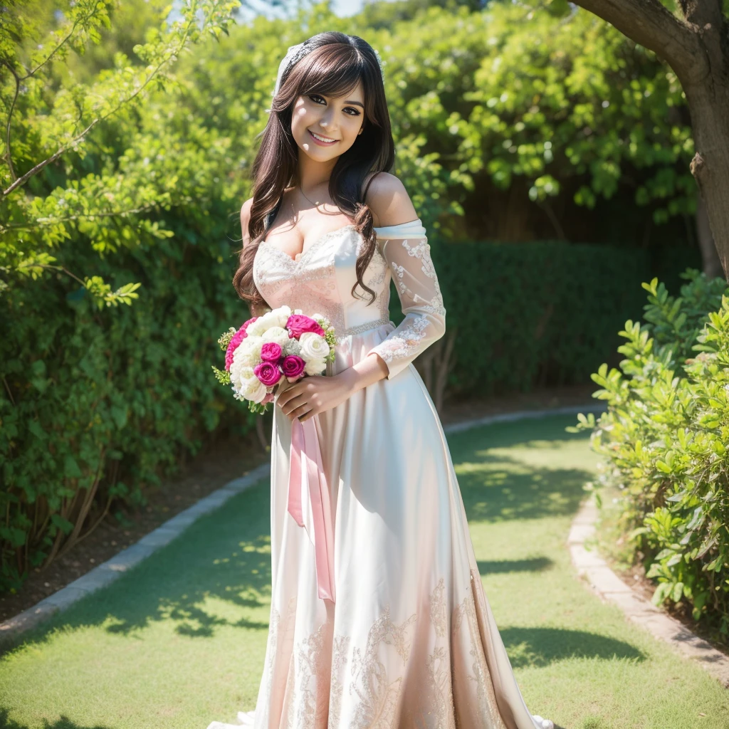 a beautiful woman wearing a pink mini dress, cleavage, off the shoulder, long hair and bangs, taking photos with the bride and groom in an open garden, smiling, (best quality,4k,8k,highres,masterpiece:1.2),ultra-detailed,(realistic,photorealistic,photo-realistic:1.37),ultra-fine painting,extreme detail description,professional,vivid colors,wedding,portraits,sunny day,outdoor,natural lighting,lush greenery,colorful flowers,shallow depth of field,dreamy aesthetic