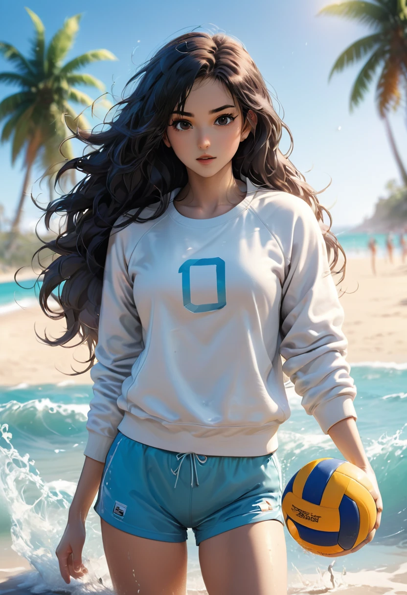 ( Correct and perfect anatomy )An attractive anime girl wearing a white sweatshirt and shorts plays volleyball while standing on the beach(sea water splash) Showing the dynamic posture of playing volleyball, light blue wavy long hair flying quickly, with a sense of speed, dynamic action posture, Distant view of beach with palm trees super detailed，complicated，Film perspective，The use of light and shadow in CG art is bright, High-quality animation style presentation