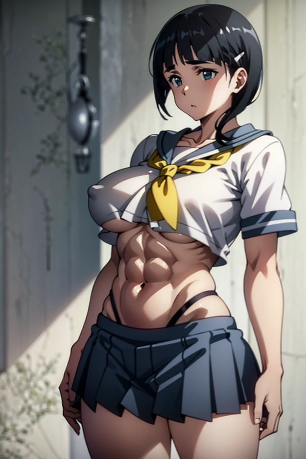 1 female,Suguha Kirigaya,white sailor suit,short sleeved,covered nipples,croptop,gray low-rise micro pleated skirt,breasts,leanbody:1.5,beautiful abs:0.7