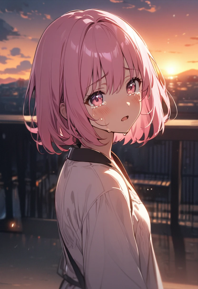 One Girl、one-shot、Pink Hair、Short Bob、Pink Eyes、cry、Tears、Sunset、evening、Big tears、I cry、front、View here、