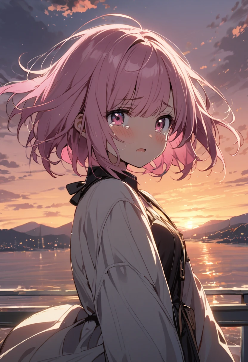 One Girl、one-shot、Pink Hair、Short Bob、Pink Eyes、cry、Tears、Sunset、evening、Big tears、I cry、front、View here、