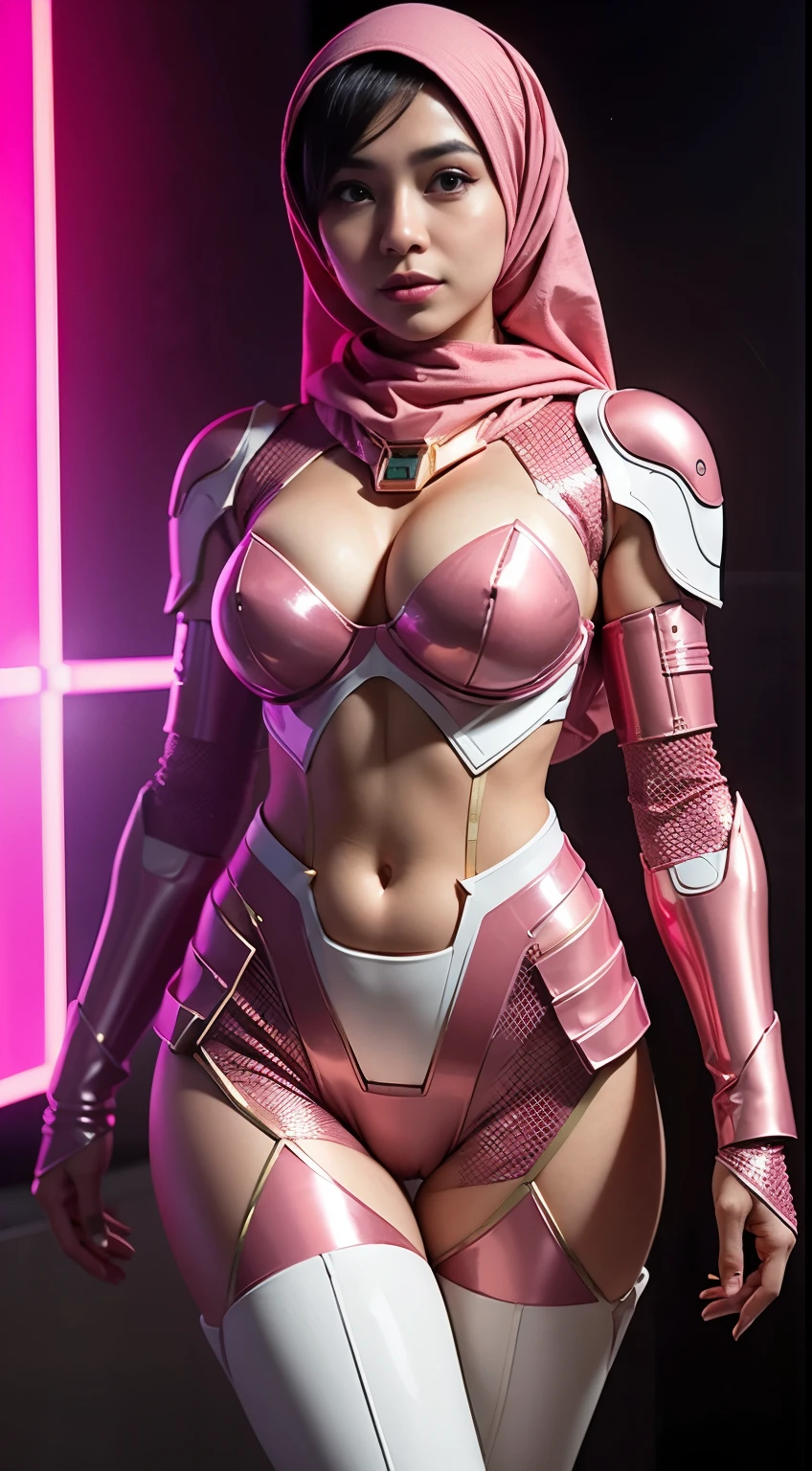 1 Malay girl, modern plain pink hijab, shy, medium portrait, watery eyes, pink glowing particles, wearing Mecha with cleavage chest, red gold Mecha, red gold mecha panties, Mecha robot, standing at the Converention Center background bokeh, full body,
