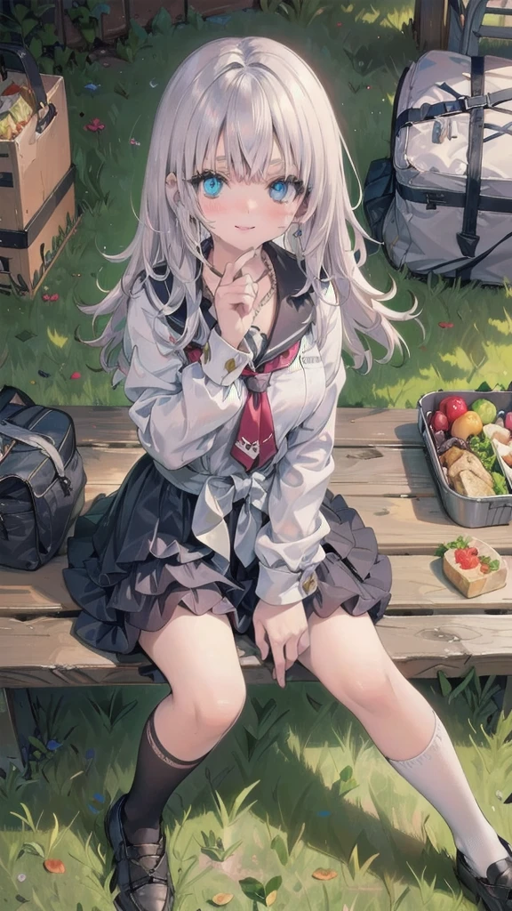 (Table Top: 1.3), (Max Resolution: 1.2), (Ultra HDTV: 1.2), cinematic light, Ultra HDTV, (delicate eyes and skin), (detailed facial features), nffsw, 8K resolution, perfect style, beautiful face, acura, anatomically correct, very detailed face and skin texture, narrow eyes, dark blue eyes, double eyelids, fine eyebrows, glitter eyeliner: 1.2, natural cheeks, glowing skin, fair skin: 1.2, small shiny necklace and earrings, (glossy lips: 1.4), break, absurd, one person perspective, (she is a high school student), wearing high She is wearing a high . (high socks (white above the knee)) and black school shoes), (seductive shy smile: 1.2), (looking at viewer), (mature and beautiful girl: 1.3)), (layered hairstyle, messy hair), (long silver hair: 1. 2), (one stupid hair on top of hair, right hair with red braided cord pinned up), (full body shot: 1.2), focus on face, ((very close relation: 1.2)), large breasts under shirt and swaying breasts, ((lunch break, sitting on bench in middle of lawn: 1.2)), ((school lunch break: 1.2)), (from directly above: 1.2)),