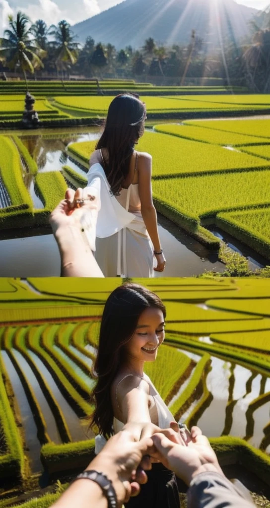 bf_holding_hands, walking into rice fields in bali, rainbow,
detailed,8k, detailed shadow, 1girl, Omertosa, long hair, black hair, open jacket, white transparant tank top, jewelry ,(masterpiece,best quality),