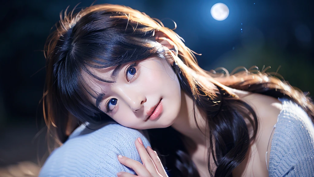 A very cute face like an idol、Looks like a young face、20-year-old female、Gentle and cute、Cleavage、Beautiful moon and starry night、Moonlight only、RAW Photos、Genuine、live-action、(Artistry)、(Artistic Expression)、Real Stick、High resolution、masterpiece