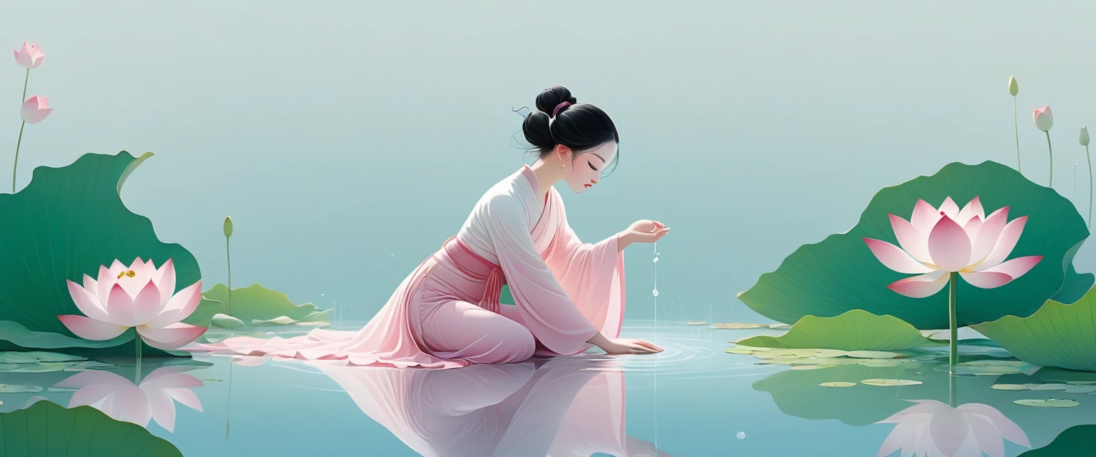 vector，Flat form，illustration，The Minimalists，数字艺术illustration，Pink hue，Abstract，artistic conception，Blooming，A  kneeling on the water，dancer；Pink clothing；Pretty Face，Black Hair，Hairpin；Lotus pond，Lotus decorative corner；Diving sensation，above（Light cyan）Lots of white space。