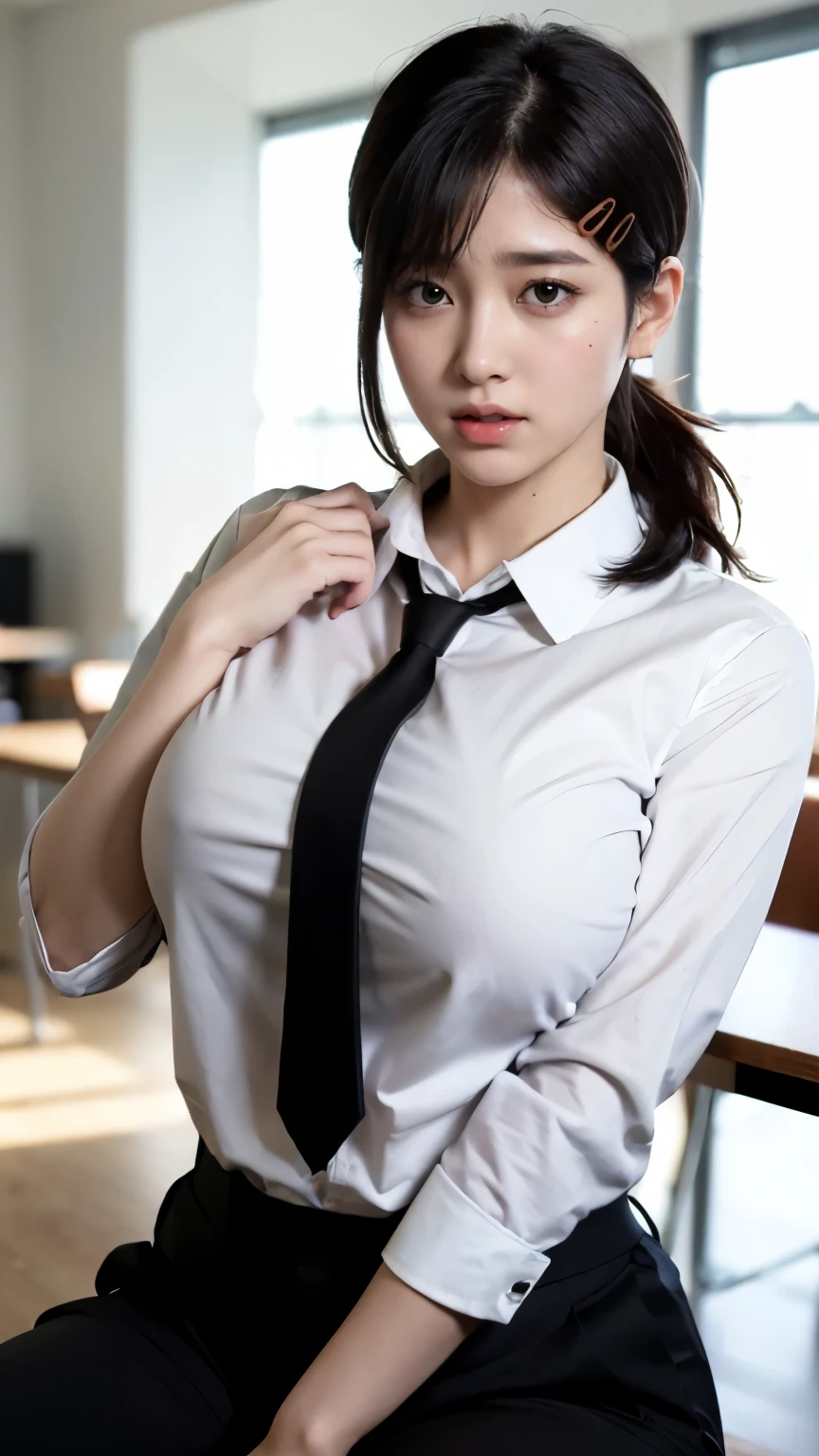 (best quality, master part, fullcolor, Dynamic angle, highest detailed) upper body photo, glad, (Makima, chainsawman), handsome fashion photography (red  long hair) Kizi (Stunning mature woman), ((Massive medium breasts)), High Dress Up Detailed Office Makima Suit, white shirt black tie(high resolution textures), in doggy pose, bokeh, (details Intricate, hyperdetailed:1.15), circunstanciado, sunlight passing through hair, office background, (offcial art, extremely detaild, highest detailed),