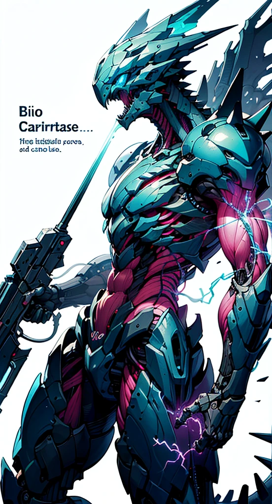 detailed, ultra-detailed, masterpiece, 8k wallpaper,(bio mecha:1.5),(mecha:1.4),
, (muscle:1.3), (muscle tissue:1.5), (colorful mecha:1.4)
(dramatic angle:1.3),(dynamic angle,:1.2), (mecha design (de):1.6), (mdde:1.3),
weapon, no humans, spikes, mecha, arm cannon, tail, solo, blue mecha, science fiction, standing, holding, glowing, electricity, teeth, holding gun, blue eyes, monster, simple background, sharp teeth, english text, claw