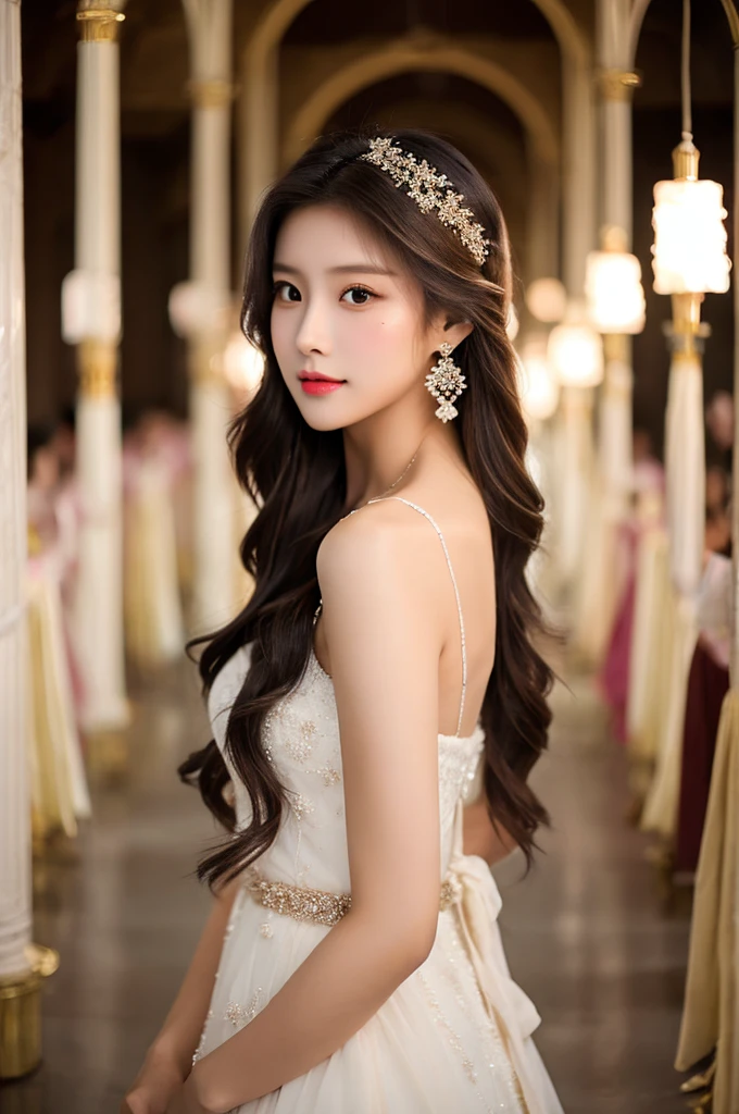 Generate an image of an extraordinarily beautiful 20-year-old Asian woman standing alone, whose beauty rivals that of a goddess of the fire element. She has large brown eyes, dark brown hair, glowing skin, and a captivating appearance. She is wearing a stunning white wedding dress that accentuates her elegance. The woman stands charmingly alone, her beauty appearing as if blessed by nature, in a very romantic and lovely aisle adorned with flowers and soft lighting, exuding a magical and serene atmosphere.