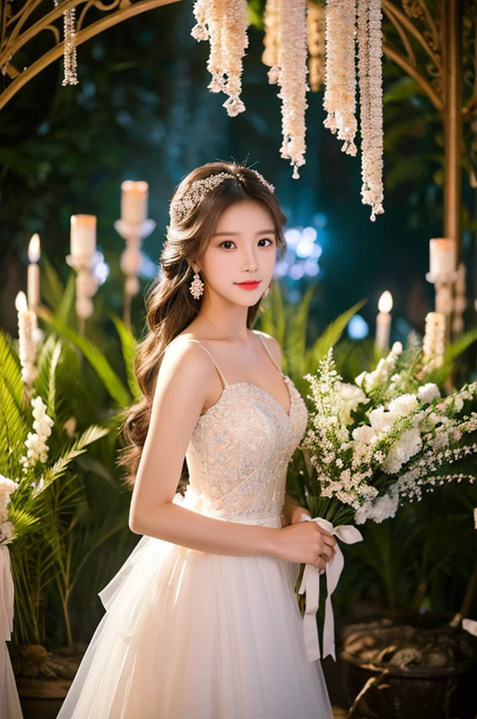 Generate an image of an extraordinarily beautiful 20-year-old Asian woman standing alone, whose beauty rivals that of a goddess of the fire element. She has large brown eyes, dark brown hair, glowing skin, and a captivating appearance. She is wearing a stunning white wedding dress that accentuates her elegance. The woman stands charmingly alone, her beauty appearing as if blessed by nature, in a very romantic and lovely aisle adorned with flowers and soft lighting, exuding a magical and serene atmosphere.