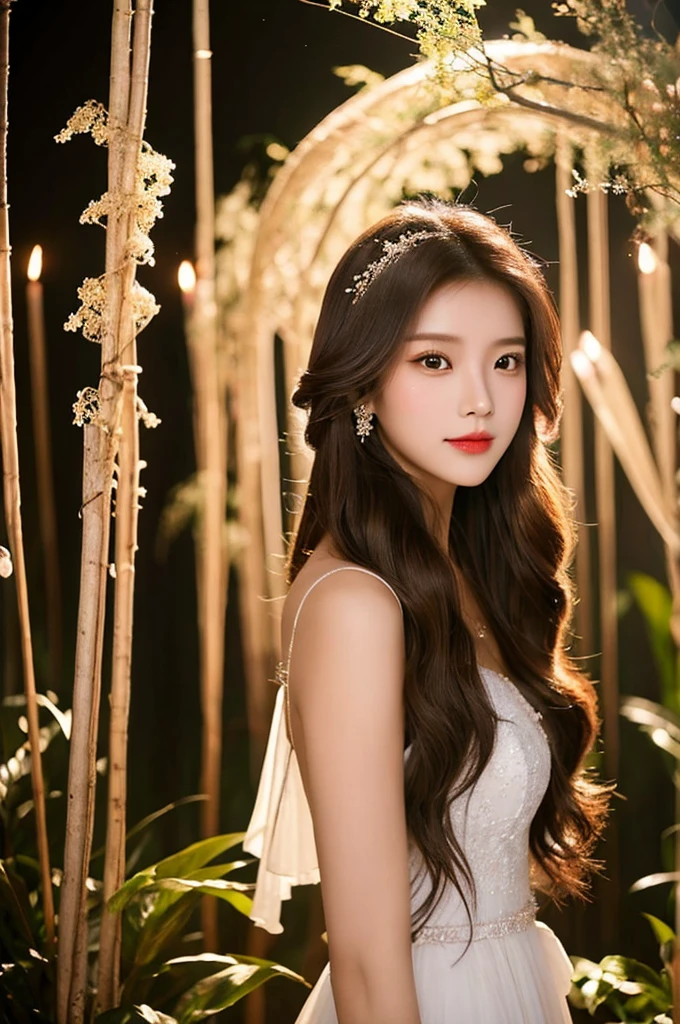 Generate an image of an extraordinarily beautiful 20-year-old Asian woman standing alone, whose beauty rivals that of a goddess of the fire element. She has large brown eyes, dark brown hair, glowing skin, and a captivating appearance. She is wearing a stunning white wedding dress that accentuates her elegance. The woman stands charmingly alone, her beauty appearing as if blessed by nature, in a very romantic and lovely aisle adorned with flowers and soft lighting, exuding a magical and serene atmosphere.