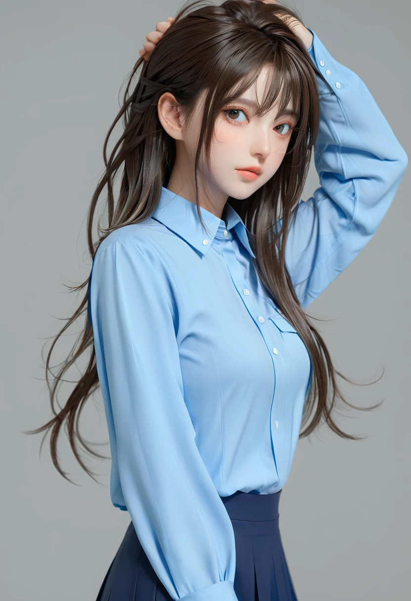 Anime girl with long hair and blue shirt poses for photos, Realistic anime 3D 风格, 3D animation realistic, Realistic anime, Realistic anime girl render, Smooth anime CG art, Anime styled 3d, Realistic anime艺术风格, Anime realism style, Anime style. 8K, Realistic young anime girl, Rendering a cute 3D anime girl
