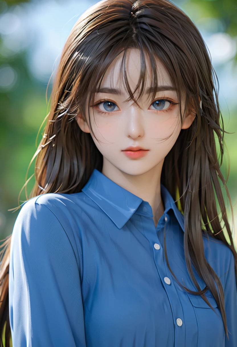 Anime girl with long hair and blue shirt poses for photos, Realistic anime 3D 风格, 3D animation realistic, Realistic anime, Realistic anime girl render, Smooth anime CG art, Anime styled 3d, Realistic anime艺术风格, Anime realism style, Anime style. 8K, Realistic young anime girl, Rendering a cute 3D anime girl