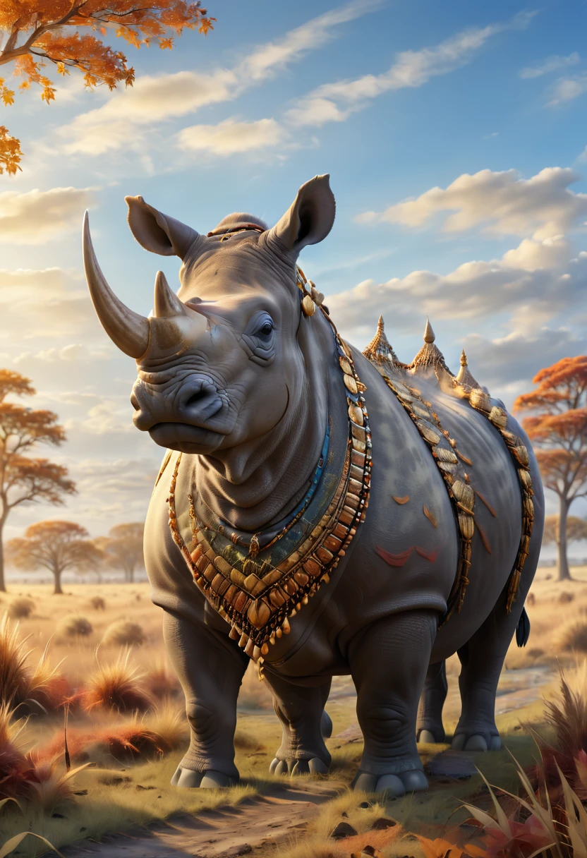 Create a powerful digital painting of a majestic rhinoceros with thick skin and a horn. The rhinoceros is adorned with traditional African tribal jewelry and patterns, symbolizing strength and heritage. It stands proudly in a savanna landscape during autumn, with golden grass and scattered autumn leaves covering the ground. The sky above is clear blue with fluffy clouds, casting a warm glow over the scene. Render the image in 3D to capture the rhinoceros's rugged features and the expansive beauty of an autumn day in the wild."
