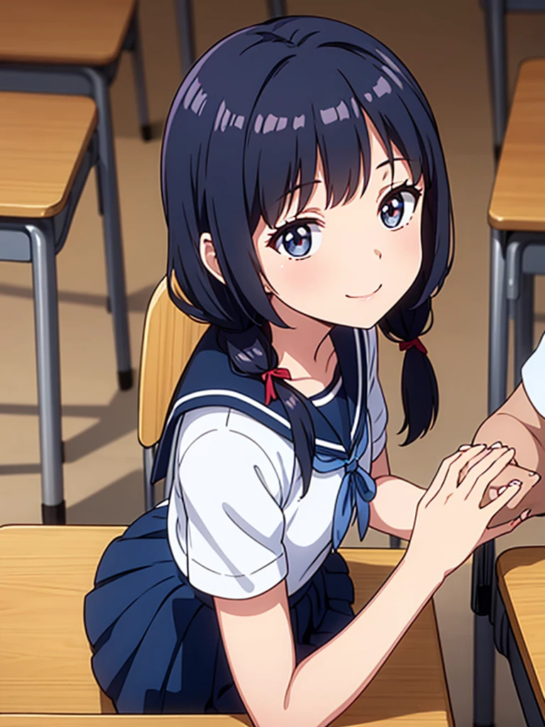 1girl, sitting, join hands hand in hand, smile, (close mouth),yo, movement,
classroom, indoors, school chair, school desk, (low twintails girl), low pigtails, hair ribbon white, very long black hair,
white serafuku with blue ribbon, navy-blue collar, navy-blue skirt,
dark brown eye, afternoon, summer,
school,
(from front:1.4), upper body, from slightly above,
anime, high brightness, detailed face, detailed eyes,
(high quality, ultra detailed, masterpiece, FHD)