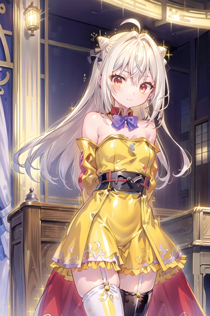 1girl,solo,cowboy shot,standing,(white hair:1.4),long hair,cone hair bun,hair ornament,hair intakes, ahoge, bangs,(red eyes:1.3),(beautiful fingers:1.4),(perfect anatomy:1.4),(arms_behind_back:1.6),(cold_shoulder:1.2),BREAK,(yellow race Kimono dress:1.6),(yellow leotard:1.6),(leather lace glossy silk lamé:1.4),(latex luster shiny glossy:1.6),(shiny_clothes:1.6),medium breasts,beautiful breasts,masterpiece,best quality,(Ultra high definition eyes:1.2),8k,(Beautiful detailed eyes:1.2),(Fine and beautiful eyes:1.2),(pretty eyes:1.2),finely detail,extremely CG, absurdres,high resolution,illustration,Detailed and beautiful outlines,finely detail,high resolution,(colorful refraction:1.4,Increase saturation:1.2),beautiful lighting,dynamic lighting,closed room,black background,simple background, smile,looking at viewer,BREAK, blue bowtie, (wedding gloves:1.2), garter straps,(yellow thighhighs:1.4)