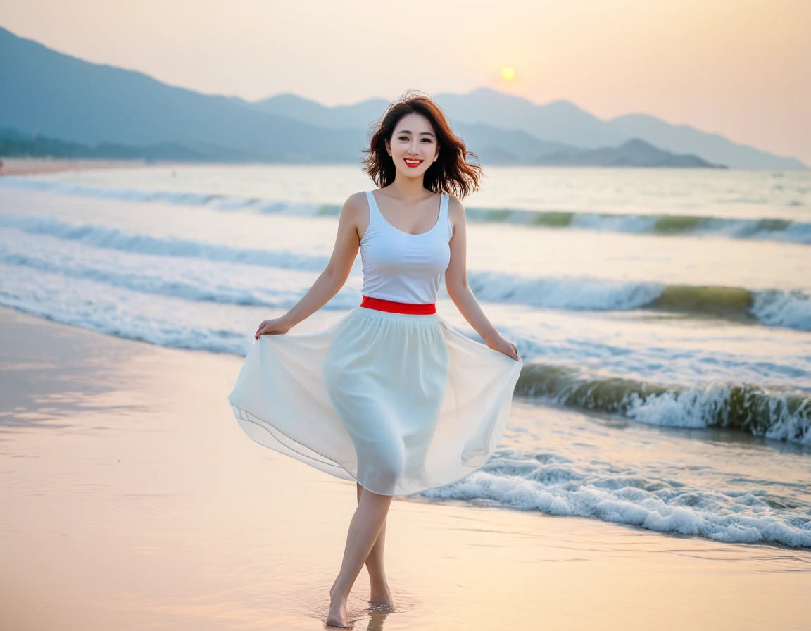 8K, sunset red sun on the beach，A strong lingering scent is reflected in the sea., Beautiful 36-year-old short Korean woman, Chest size 34 inches, Wear sleeveless, light and short white skirt. beautiful pretty woman look , wearing a light skirt , Go far into the sea water and dip your toes., Short medium hair blowing in the wind, 1 woman, beautiful eyes, a little smile, Full-body photo taken from afar with a wide-angle lens, Danang Beach in Vietnam with clean and perfect background, the waves are coming, The picture quality is very clear and clear