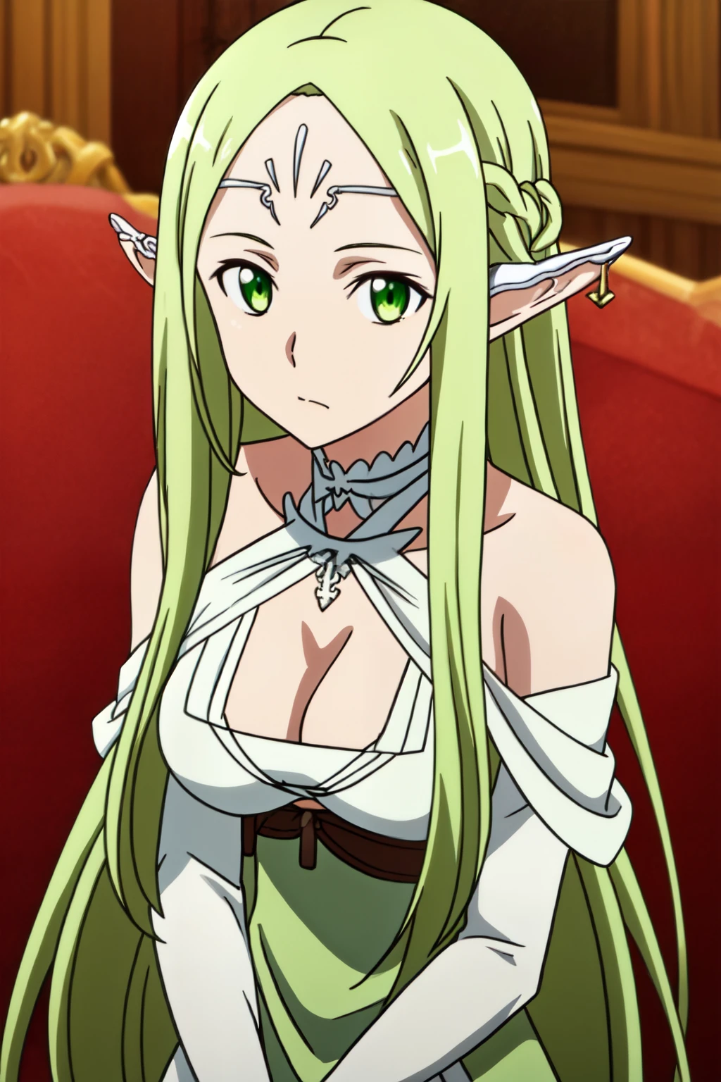 Masterpiece, beat quality, ((anime art style)), elf Girl, light green hair, pointed ears, jade eye, (NPC_freyja), (((big breast))), white clothes with gold details, white wand in hand, skin as white as powdery snow. His disguise had long flowing, deep brown-gold/tea-gold hair and pupils of the same colour. The disguise also had a beautiful face that was sublimed with western European beauty, and she wore a white dres