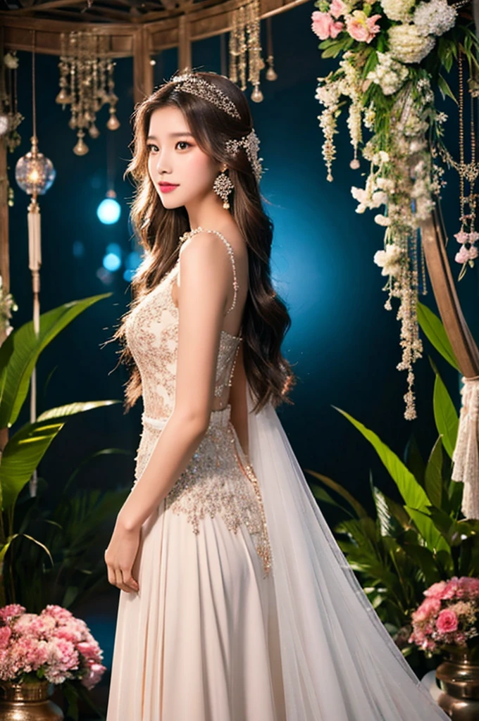 Generate an image of an extraordinarily beautiful 20-year-old Asian woman standing alone, whose beauty rivals that of a goddess of the fire element. She has large brown eyes, dark brown hair, glowing skin, and a captivating appearance. She is wearing a stunning white wedding dress that accentuates her elegance. The woman stands charmingly alone, her beauty appearing as if blessed by nature, in a very romantic and lovely aisle adorned with flowers and soft lighting, exuding a magical and serene atmosphere.