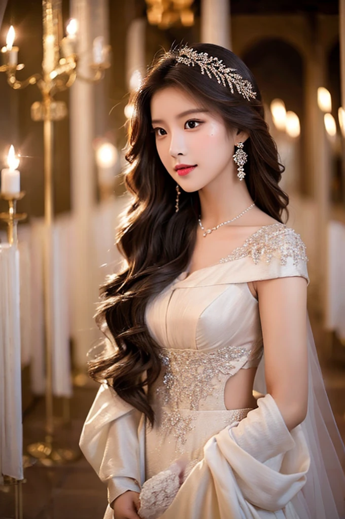 Generate an image of an extraordinarily beautiful 20-year-old Asian woman standing alone, whose beauty rivals that of a goddess of the fire element. She has large brown eyes, dark brown hair, glowing skin, and a captivating appearance. She is wearing a stunning white wedding dress that accentuates her elegance. The woman stands charmingly alone, her beauty appearing as if blessed by nature, in a very romantic and lovely aisle adorned with flowers and soft lighting, exuding a magical and serene atmosphere.
