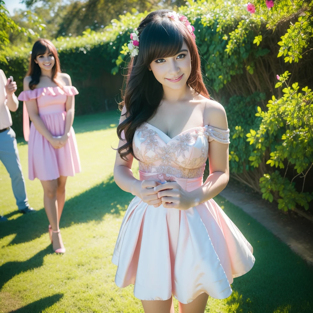 a beautiful woman wearing a pink mini dress, cleavage, off the shoulder, long hair and bangs, taking photos with the bride and groom in an open garden, smiling, In the park at night (best quality,4k,8k,highres,masterpiece:1.2),ultra-detailed,(realistic,photorealistic,photo-realistic:1.37),ultra-fine painting,extreme detail description,professional,vivid colors,wedding,portraits,sunny day,outdoor,natural lighting,lush greenery,colorful flowers,shallow depth of field,dreamy aesthetic