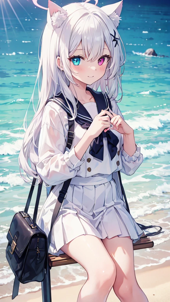 White sailor suit,White skirt,White pantyhose,White hair,Long hair,Cat ear,Heterochromia blue-yellow,Smile,Female face,There are bright spots in the eyes,Female hands,White little hands,Normal fingers,flat chest,Solitary,Summer,Beach,Halo