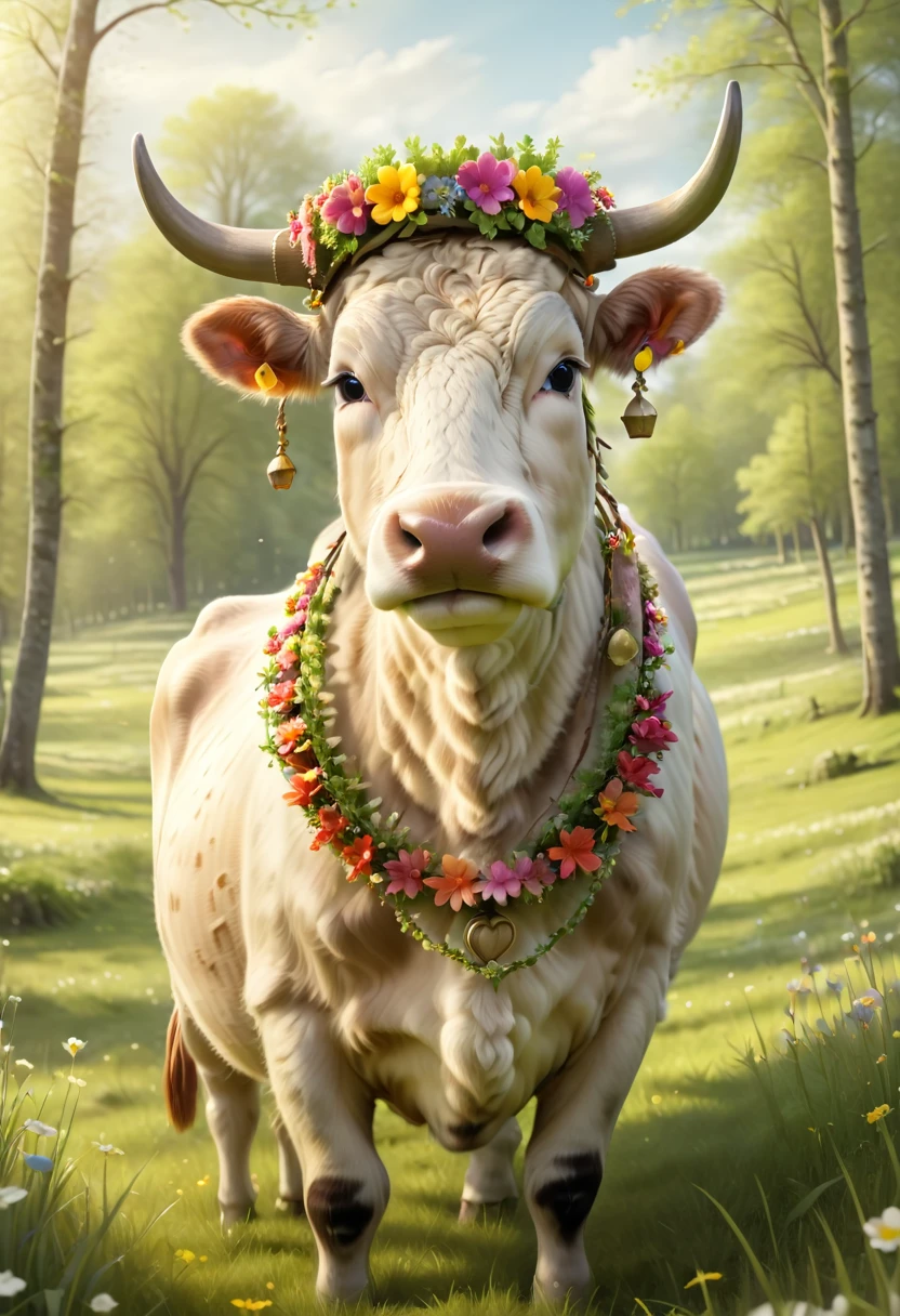 "Create a serene digital painting of a peaceful cow wearing a colorful flower crown and a rustic bell collar, grazing in a lush green pasture during springtime. The cow has a gentle expression and is surrounded by blooming flowers and fresh green grass. Soft sunlight filters through the trees, casting warm highlights on the scene. Render the image in 3D to highlight the textures of the cow's fur and the vibrant colors of the spring landscape."