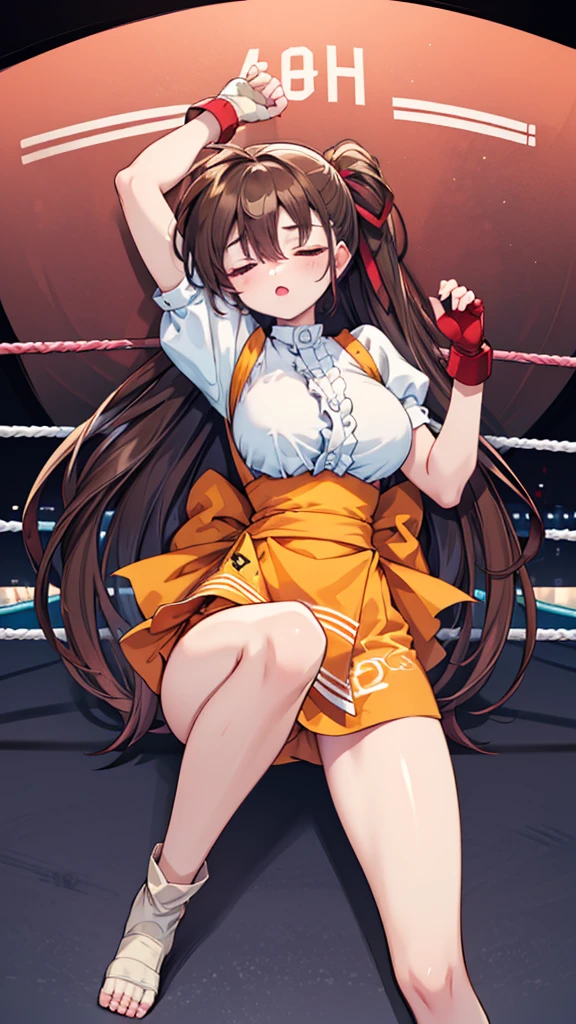 Highest quality，masterpiece，Lying down，sleep，(レスリングのリングにLying down, WWE Divas，Wrestling Arena，Wrestling ring background, Boxing ring background), 仰向けにsleep, Lack of stamina, Ryona, Hitting a girl, death is near，タケユカ 超ロングヘア ヘアribbon, Frilled shirt, Underbust, ribbon, Fingerless gloves, White gloves, Waist apron, Orange Skirt, socks, Toeless legwear，winner, Nice, winner, (Moaning , Open your mouth), ((, 仰向けにsleep, 地面にsleep, lose consciousness, Unconscious, )), , ( Tilt your head),