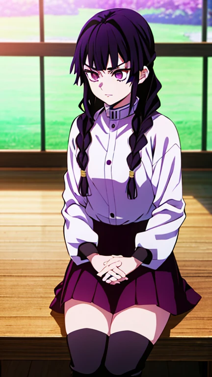 demon slayer anime style, Kotouji Agamaki, 1 girl 22 years old, serious and beautiful with gold eyes and pronounced eyebrows, Long straight braided hair surrounding your hair, dark purple hair with the most striking violet tips and two side sideburns of hair and long bangs, wears a long-sleeved hunter uniform with a skirt and all oskatana magenta color, brown leather boots a black haori with gold floral). Kimetsu no yaiba anime. sitting on his legs, in a fic, next to a window with landscape background of a cherry tree and a marked sunset,