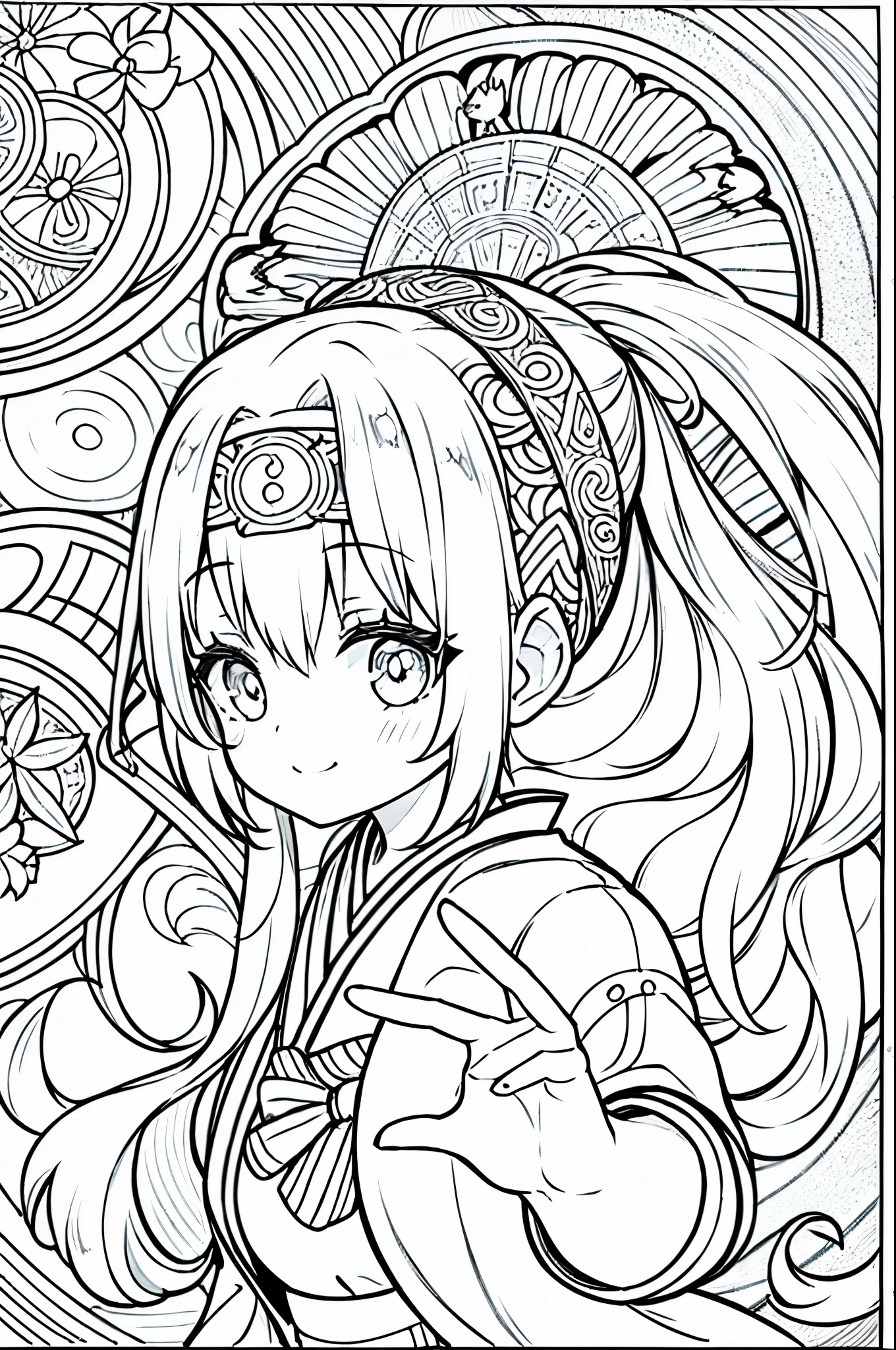 One girl, Create a baby chibi version of the Alice character in an 8K resolution, coloring pages, simplified zentangle, coloring book outline, black and white only, no outline, intricate designs, coloring book, celtic design, intricate lines, no gradients, Chibi, best quality, paper doll, shadow puppet, stained glass background, clockpunk, Andersen,A girl with a ponytail is wearing a kimono with a crane pattern, practicing kendo in a dojo, and wearing a headband as a hair accessory, It's sunny, Detailed eyes, clear outlines, kawaii pose, A smile, Raise your right hand, Eye Up, Laugh, radiant light, Taken from the side. She should look adorable and cute. Give him a smiling expression and a sweet smile on his face, capturing the essence of the character in a delicate and charming way.
