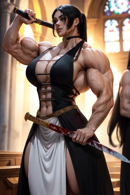 A beautiful, buff, bloodied, light brown skinned muscular bride in a blood stained wedding dress, black hair, orange eyes, black lipstick, (ginormous bulky muscles), (blood stained body), ((wearing a blood stained wedding dress)), (close view), long straight hair, ((massive muscles)), ((hyper muscles)), covered in blood, (holding a katana sword), in a destroyed church, (massive muscles)