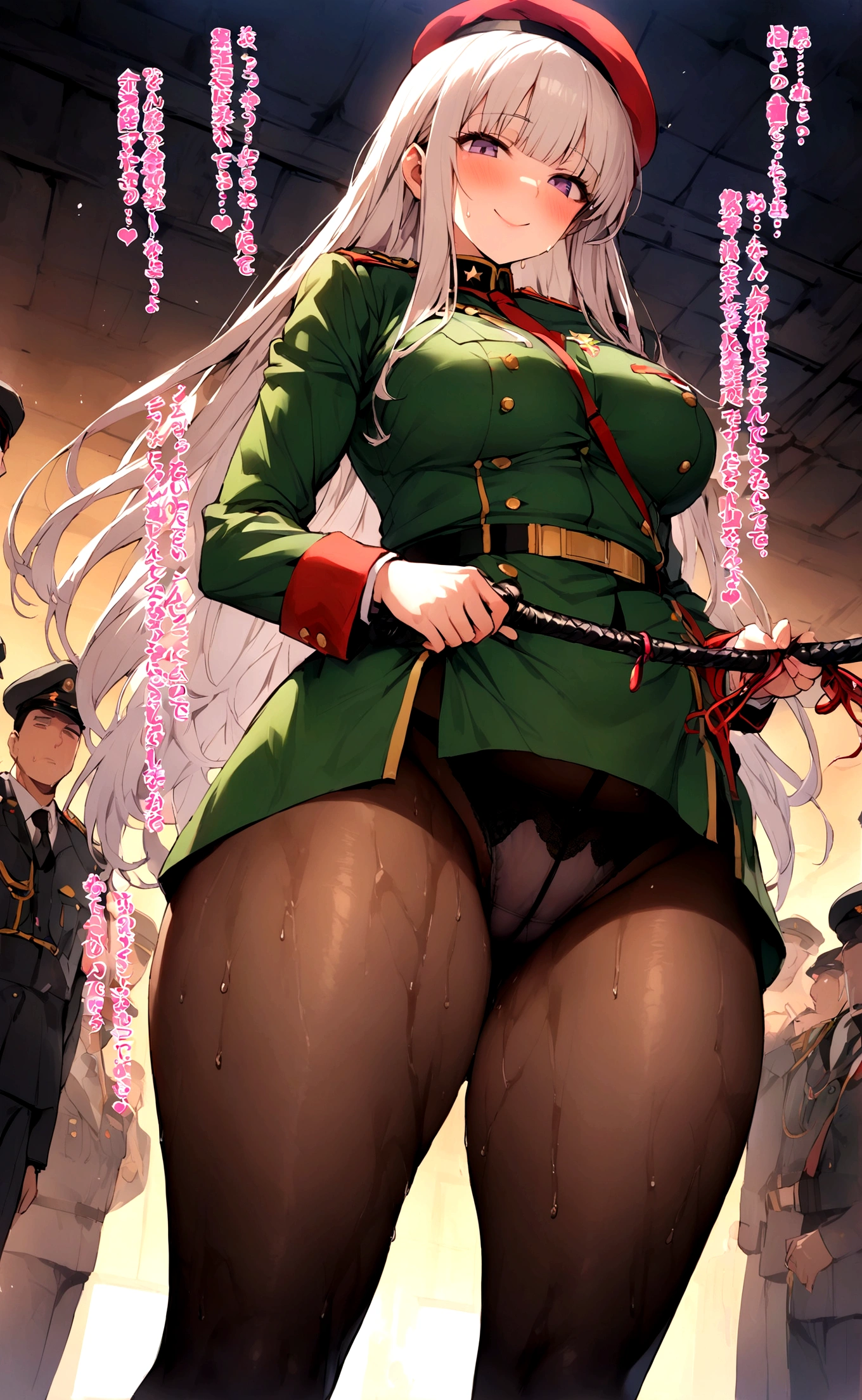 One Woman、A large number of people、Beauty、uniform、military base、Female Officer、crowd、緑のuniform、beret、Tight Skirt、Military personnel、30 years old、Looking down at the viewer, long hair、Bangs, Highest quality, Focus on the thighs, smile,panties、Plump thighs、Big Ass、Big 、 Black Hair,My thighs are steaming between the legs 、Sweaty pantyhose、パンストの下のpanties、Black Pantyhose、Angle from directly below、Holding a whip、crowdを誘惑する、Acme convulsions、Obscene sound effects、Naughty sound effects