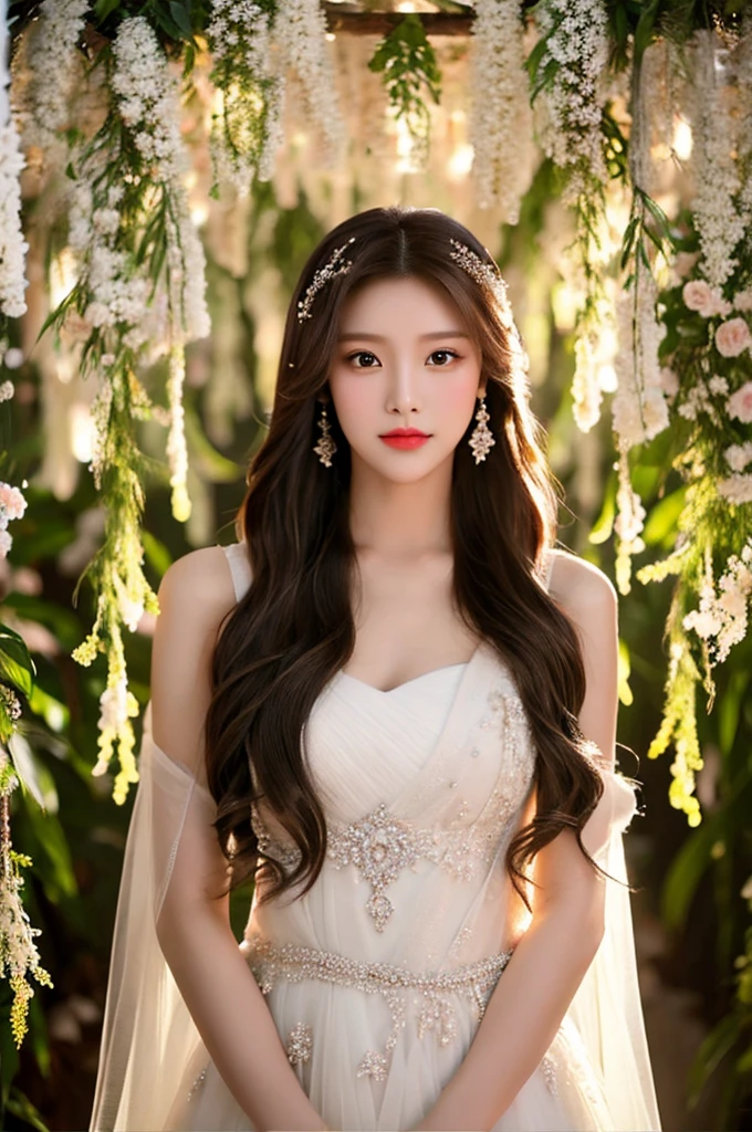 Generate an image of an extraordinarily beautiful 20-year-old Asian woman standing alone, whose beauty rivals that of a goddess of the fire element. She has large brown eyes, dark brown hair, glowing skin, and a captivating appearance. She is wearing a stunning white wedding dress that accentuates her elegance. The woman stands charmingly alone, her beauty appearing as if blessed by nature, in a very romantic and lovely aisle adorned with flowers and soft lighting, exuding a magical and serene atmosphere.