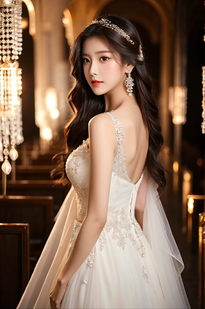 Generate an image of an extraordinarily beautiful 20-year-old Asian woman standing alone, whose beauty rivals that of a goddess of the fire element. She has large brown eyes, dark brown hair, glowing skin, and a captivating appearance. She is wearing a stunning white wedding dress that accentuates her elegance. The woman stands charmingly alone, her beauty appearing as if blessed by nature, in a very romantic and lovely aisle adorned with flowers and soft lighting, exuding a magical and serene atmosphere.