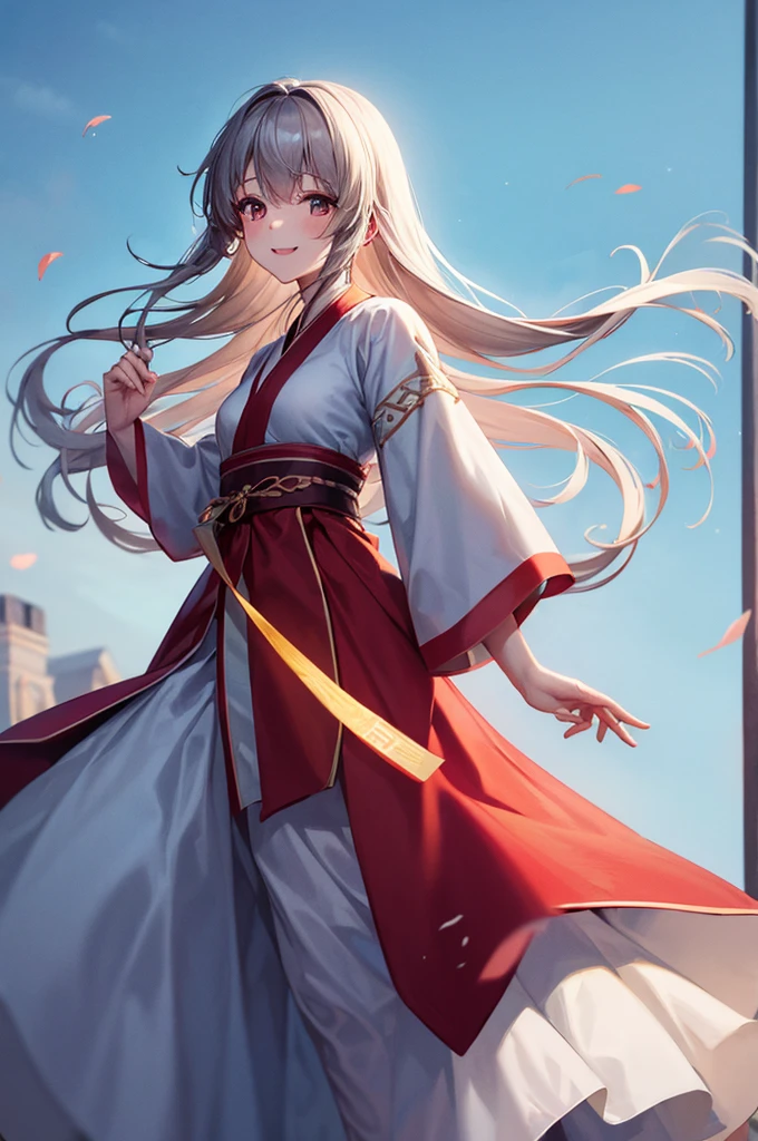 Highest quality, 4K quality, One girl, White Hanfu, , Long hair blowing in the wind, Healing Smile,