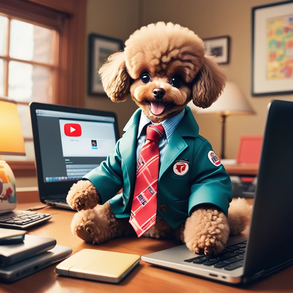 "Create a Pixar-style image of Pom, the cute anthropomorphic Toy Poodle, sitting at a desk with a laptop open, displaying the YouTube homepage. Pom's eyes are wide with excitement as he realizes he can share his music and dance with the world. He is still wearing his stylish jacket and tie."