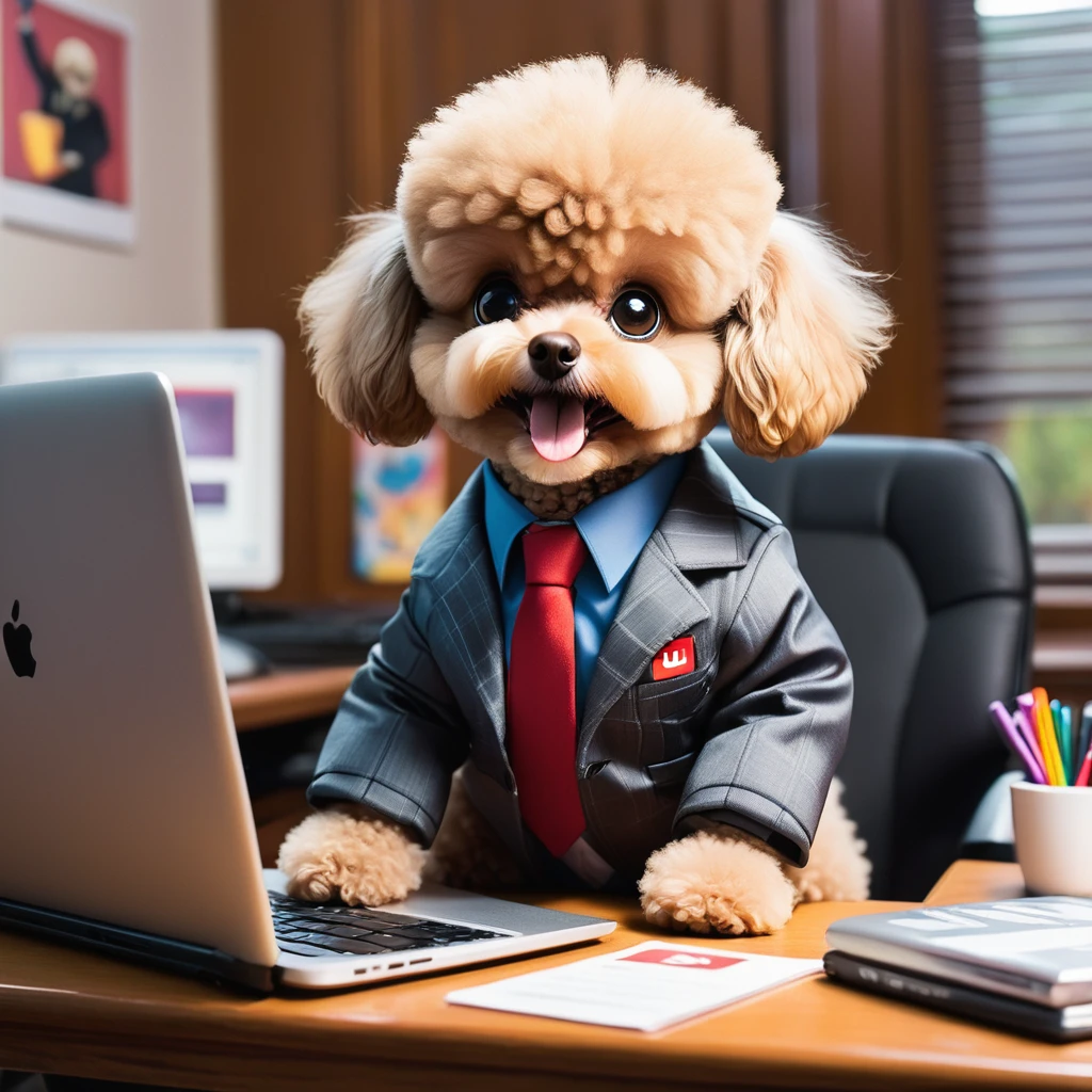 "Create a Pixar-style image of Pom, the cute anthropomorphic Toy Poodle, sitting at a desk with a laptop open, displaying the YouTube homepage. Pom's eyes are wide with excitement as he realizes he can share his music and dance with the world. He is still wearing his stylish jacket and tie."