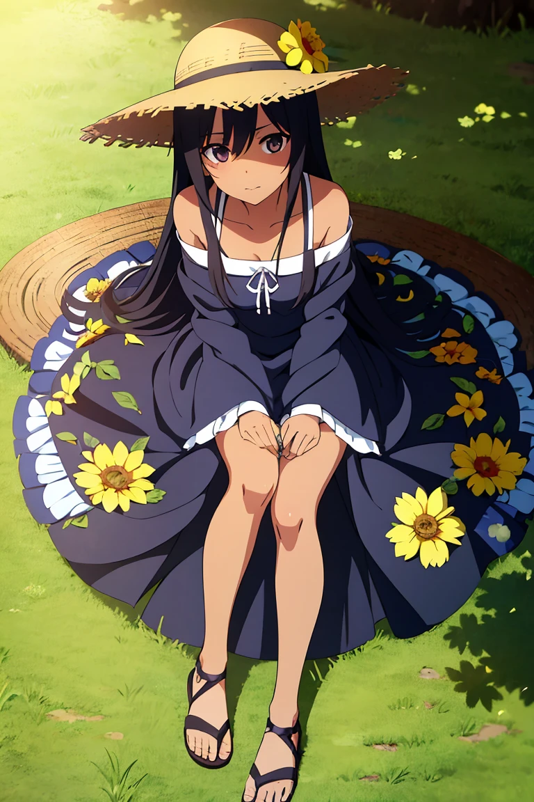 Anime girl, long black hair, cute girl, flower pattern blue summer dress, straw hat, sandals, dark skin, whole body, park photography