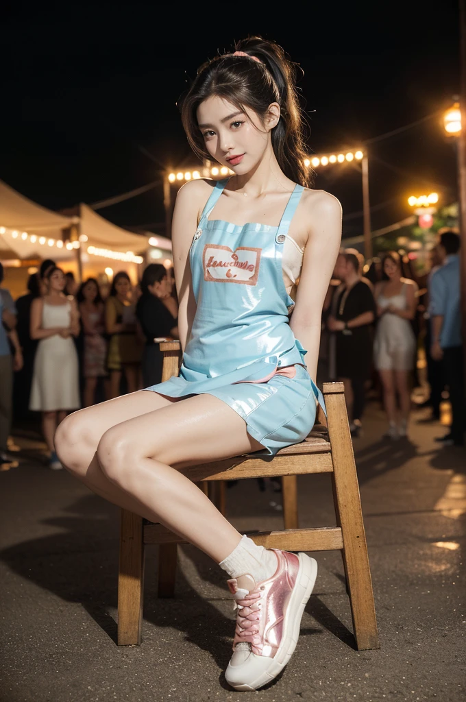 (((best quality))),(((ultra detailed))),(((masterpiece))),illustration,((1 beautiful girl,solo)),((slim,thin)),((small breasts,flat chest)),summer night,metropolis,((barbecue joint)),humble,vibrant energy,city that never sleeps,(short ponytail:1.2),(((female orgasmic,blush))),(sweat:1.3),(shiny skin:1.5),(sheer apron:1.3),((bare shoulders,bare arms)),(gloves:1.3),((slender legs,sneakers)),(sitting on the chair:1.3),((arms behind back,spread legs apart)),lightweight,practicality,((sizzling hot grill)),smooth,tanned skin,soft glow,skillfully,((skewers,meat)),intense concentration,bright eyes,alert,passion for work,atmosphere,vibrant,dynamic,laughter,conversation,sizzle,crackle,aromatic scent,tinged,radiant smile,genuine enjoyment,easy manner,warm presence,community,dedication,beauty in simplicity,midst of bustling city streets,outdoor,midnight,((from front,full body)),(surrounded by crowded crowds:1.3)