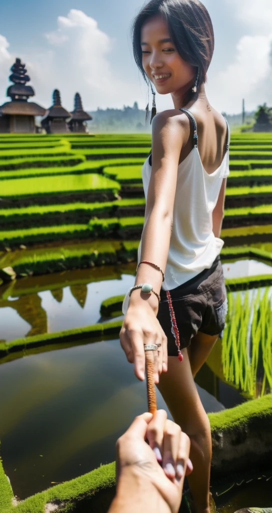 bf_holding_hands,  walking into rice fields in bali, rainbow, 
detailed,8k, detailed shadow, 1girl, Omertosa, short hair, black hair, white transparant tank top, jewelry ,(masterpiece,best quality),
