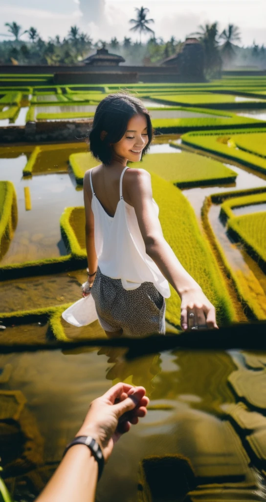 bf_holding_hands, walking into rice fields in bali, rainbow,
detailed,8k, detailed shadow, 1girl, Omertosa, short hair, black hair, white transparant tank top, jewelry ,(masterpiece,best quality),