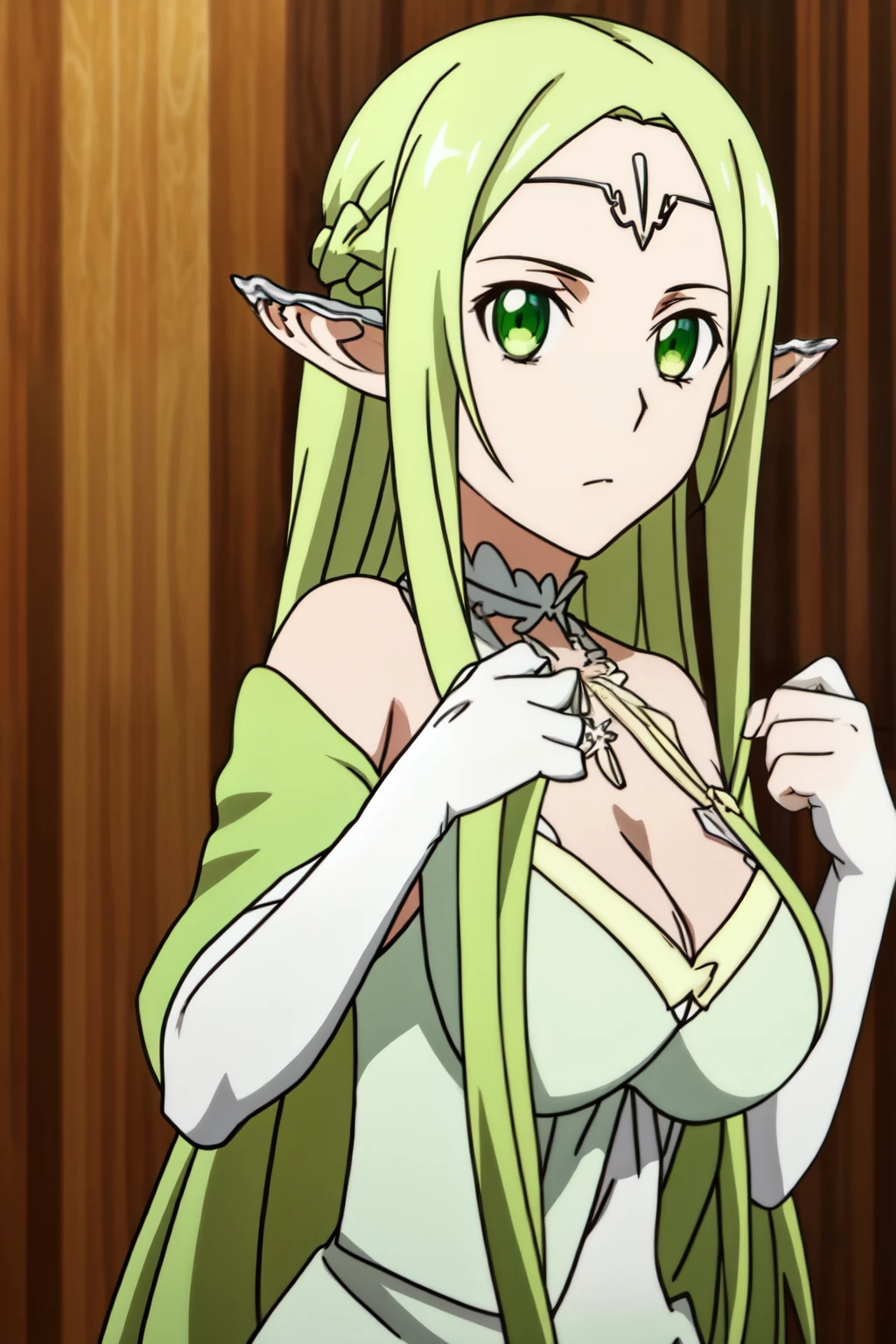 Masterpiece, beat quality, ((anime art style)), elf Girl, light green hair, pointed ears, jade eye, (NPC_freyja), (((big breast))), white bikini with gold details, white wand in hand, skin as white as powdery snow. His disguise had long flowing, deep brown-gold/tea-gold hair and pupils of the same colour. The disguise also had a beautiful face that was sublimed with western European beauty, and she wore a white bikini