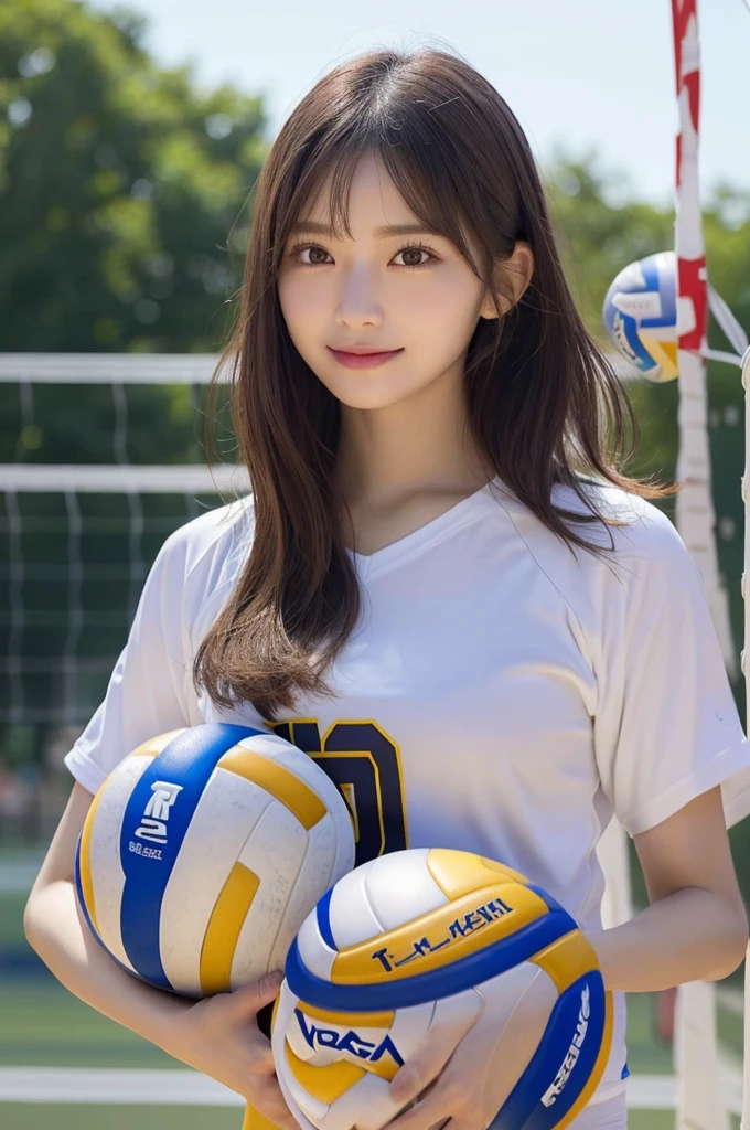 (8K, highest quality, masterpiece: 1.2), (realistic, realistic: 1.37), Super detailed, 1 girl, 20-year-old, big, beauty, cute, smile, alone, (smile: 1.15), (closed your mouth), volleyball, underwear, beautiful eyes, volleyball court, (long hair: 1.2), Floating hair nova frog style upper body, volleyball uniform,