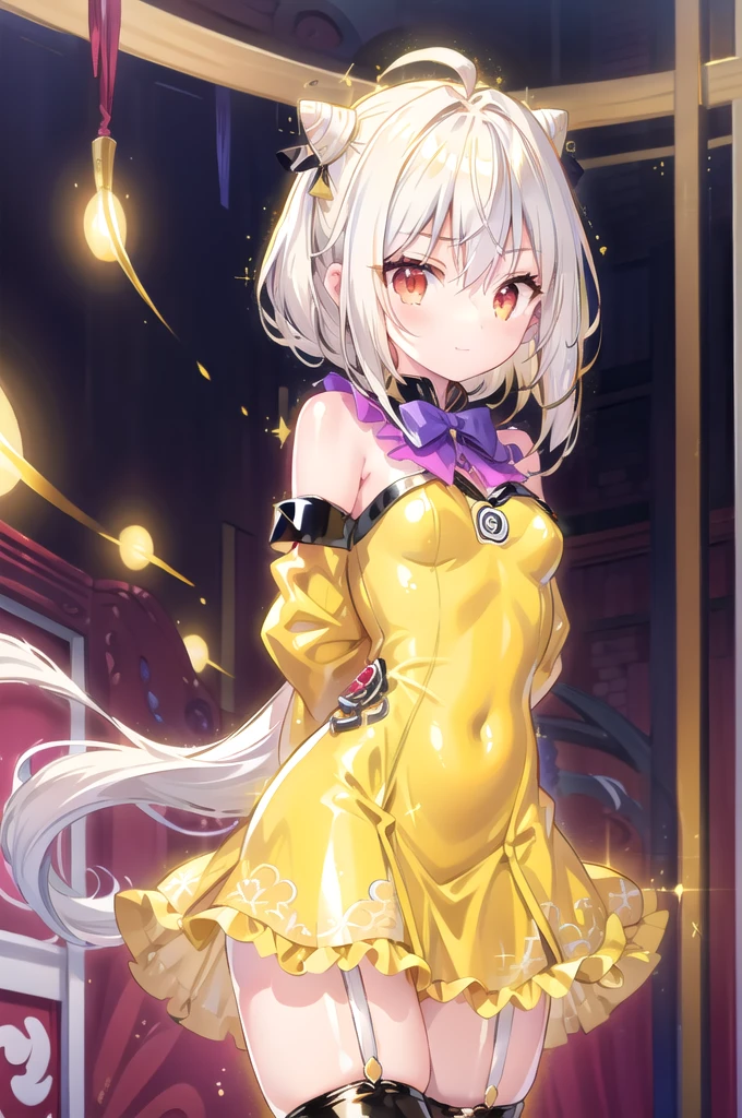 1girl,solo,cowboy shot,standing,(white hair:1.4),long hair,cone hair bun,hair ornament,hair intakes, ahoge, bangs,(red eyes:1.3),(beautiful fingers:1.4),(perfect anatomy:1.4),(arms_behind_back:1.6),(cold_shoulder:1.2),BREAK,(yellow race Kimono dress:1.6),(yellow leotard:1.6),(leather lace glossy silk lamé:1.4),(latex luster shiny glossy:1.6),(shiny_clothes:1.6),medium breasts,beautiful breasts,masterpiece,best quality,(Ultra high definition eyes:1.2),8k,(Beautiful detailed eyes:1.2),(Fine and beautiful eyes:1.2),(pretty eyes:1.2),finely detail,extremely CG, absurdres,high resolution,illustration,Detailed and beautiful outlines,finely detail,high resolution,(colorful refraction:1.4,Increase saturation:1.2),beautiful lighting,dynamic lighting,closed room,black background,simple background, smile,looking at viewer,BREAK, blue bowtie, (wedding gloves:1.2), garter straps,(yellow thighhighs:1.4)